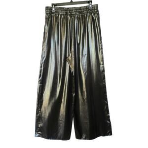New WAYF X Jourdan Sloane Metallic Gunmetal Grey Silky Flowy Wide Leg Pants Sz L